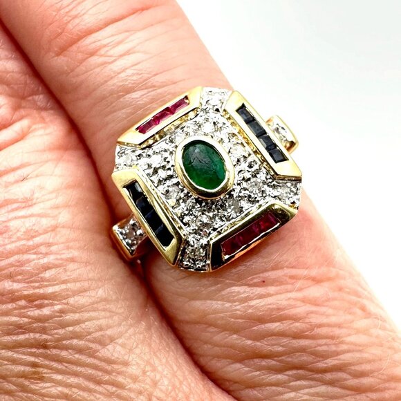 Womens Ring 14K Gold Emerald Diamond Red Blue Spinel 3.9 Grams Size 7 Estate - Picture 6 of 6
